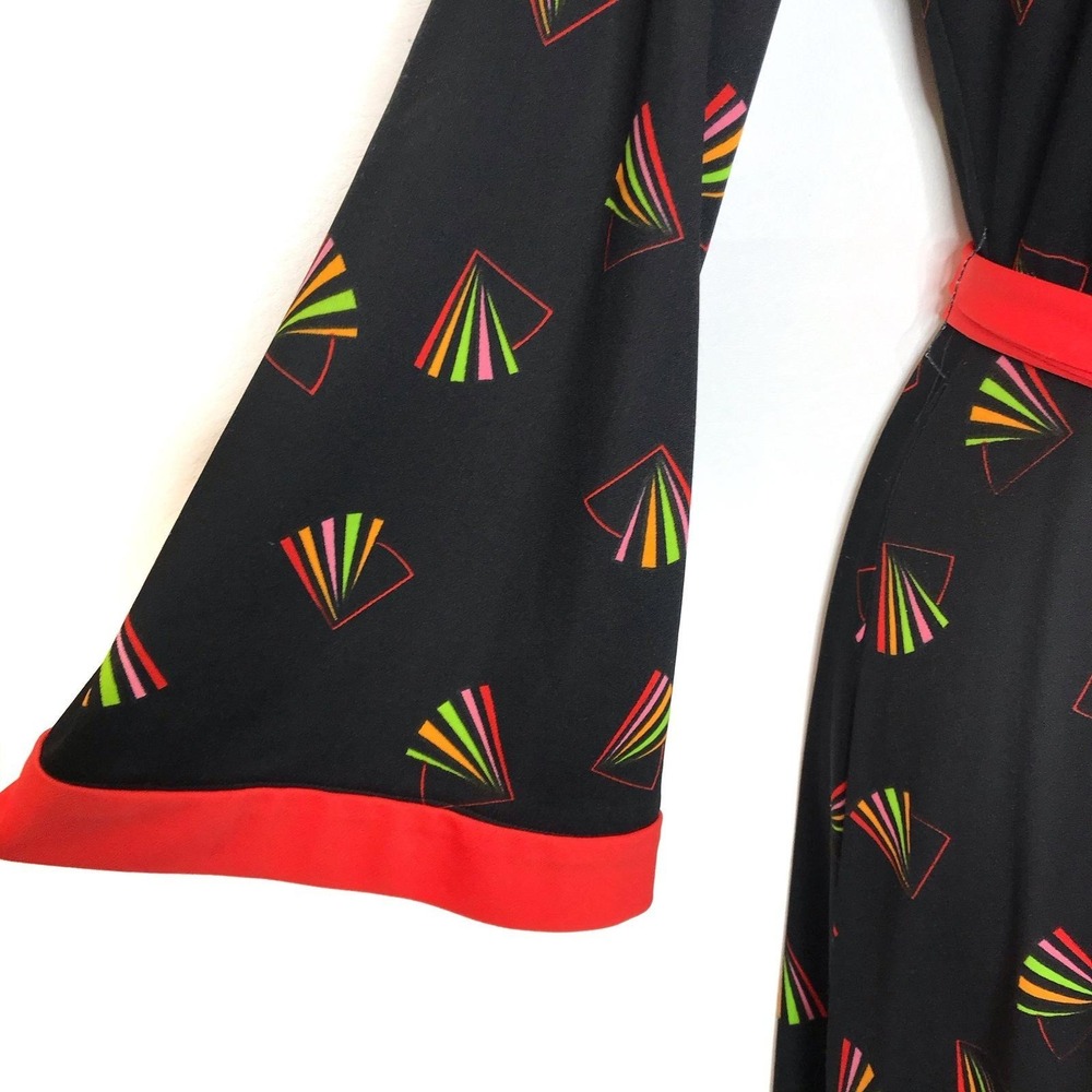 vintage 1970s maxi dress kimono style Asian fan novelty print - Picture 6 of 10